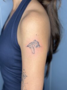 Minimalist tattoo of a sleeping tiger cub on upper arm — 1920 Tattooz Hub, Ahmedabad